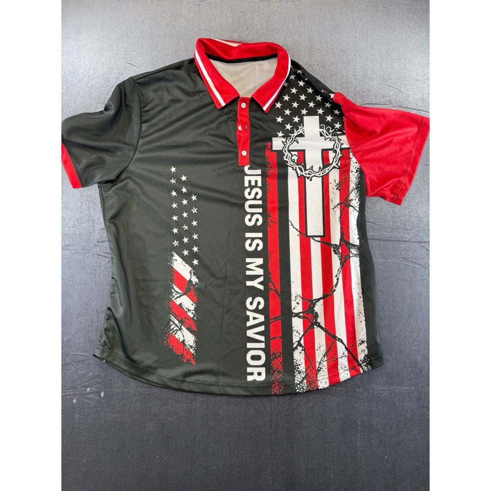 Shein OUFISUN Men 2XL Jesus Is My Savior American Flag Cross Polo Shirt